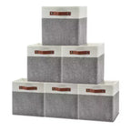Set di 6 Cestini Cubici da 33x33 cm, Contenitori Pieghevoli in Lino con Manici in Pelle, Organizer Ripiegabili per Armadi e Scaffali