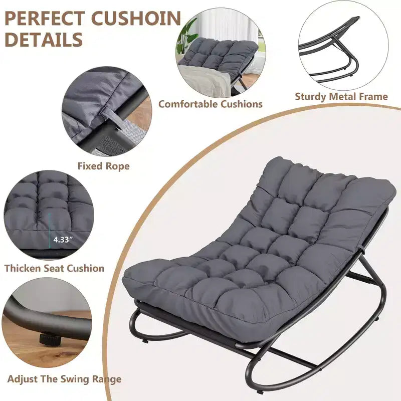 2 poltrone a dondolo, sedie a sdraio da esterno con cuscino spesso impermeabile, poltrona a dondolo da patio in metallo resistente da 136 kg per giardino, veranda, asilo nido, grigio