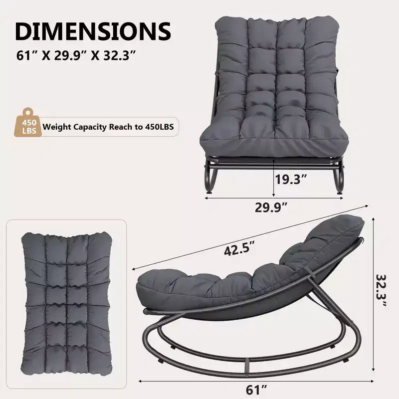 2 poltrone a dondolo, sedie a sdraio da esterno con cuscino spesso impermeabile, poltrona a dondolo da patio in metallo resistente da 136 kg per giardino, veranda, asilo nido, grigio