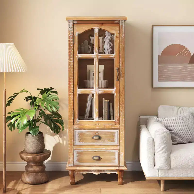 GDFStudio Mobile Contenitore Rustico Brimley in Legno Massello con Anta Decorativa Intagliata e 2 Cassetti