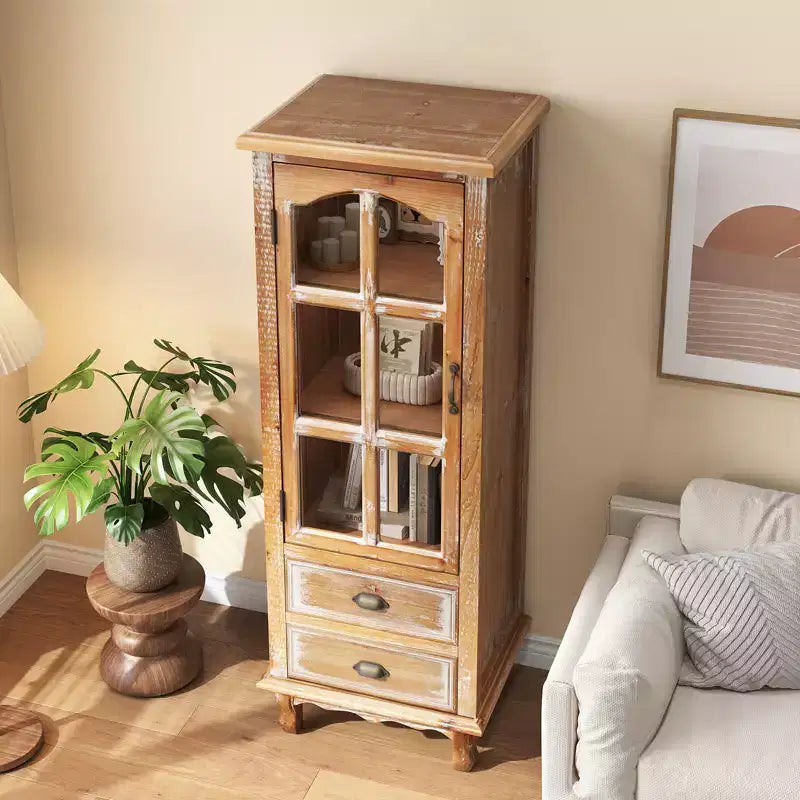 GDFStudio Mobile Contenitore Rustico Brimley in Legno Massello con Anta Decorativa Intagliata e 2 Cassetti