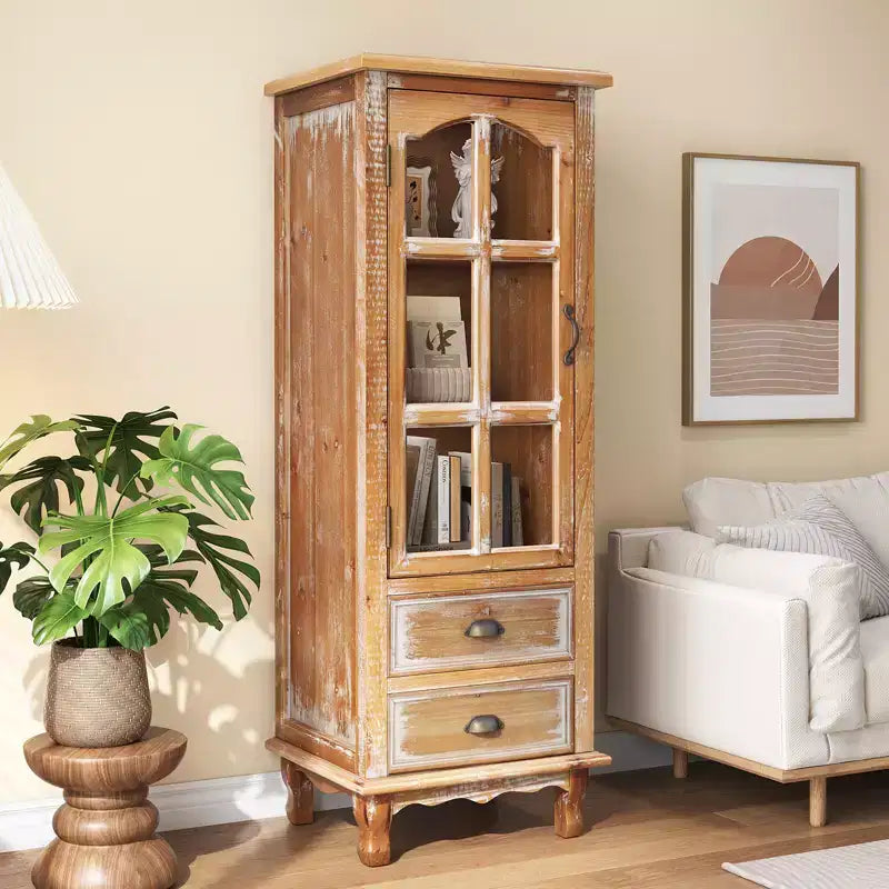 GDFStudio Mobile Contenitore Rustico Brimley in Legno Massello con Anta Decorativa Intagliata e 2 Cassetti