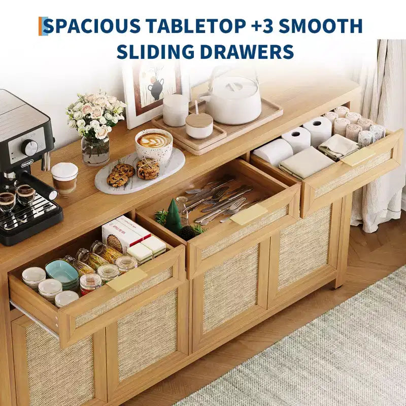 Madia/Credenza a buffet da 160 cm con contenitore, mobile bar in rattan in stile rustico con 3 cassetti, 4 ante, ripiani regolabili per sala da pranzo e cucina