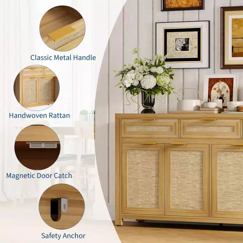 Madia/Credenza a buffet da 160 cm con contenitore, mobile bar in rattan in stile rustico con 3 cassetti, 4 ante, ripiani regolabili per sala da pranzo e cucina