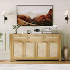 Madia/Credenza a buffet da 160 cm con contenitore, mobile bar in rattan in stile rustico con 3 cassetti, 4 ante, ripiani regolabili per sala da pranzo e cucina