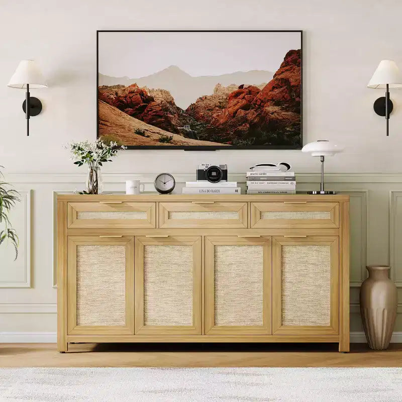 Madia/Credenza a buffet da 160 cm con contenitore, mobile bar in rattan in stile rustico con 3 cassetti, 4 ante, ripiani regolabili per sala da pranzo e cucina
