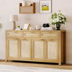 Madia/Credenza a buffet da 160 cm con contenitore, mobile bar in rattan in stile rustico con 3 cassetti, 4 ante, ripiani regolabili per sala da pranzo e cucina