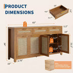 Madia/Credenza a buffet da 160 cm con contenitore, mobile bar in rattan in stile rustico con 3 cassetti, 4 ante, ripiani regolabili per sala da pranzo e cucina