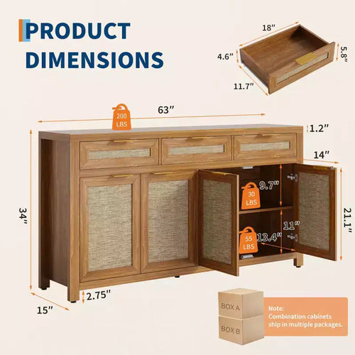 Madia/Credenza a buffet da 160 cm con contenitore, mobile bar in rattan in stile rustico con 3 cassetti, 4 ante, ripiani regolabili per sala da pranzo e cucina