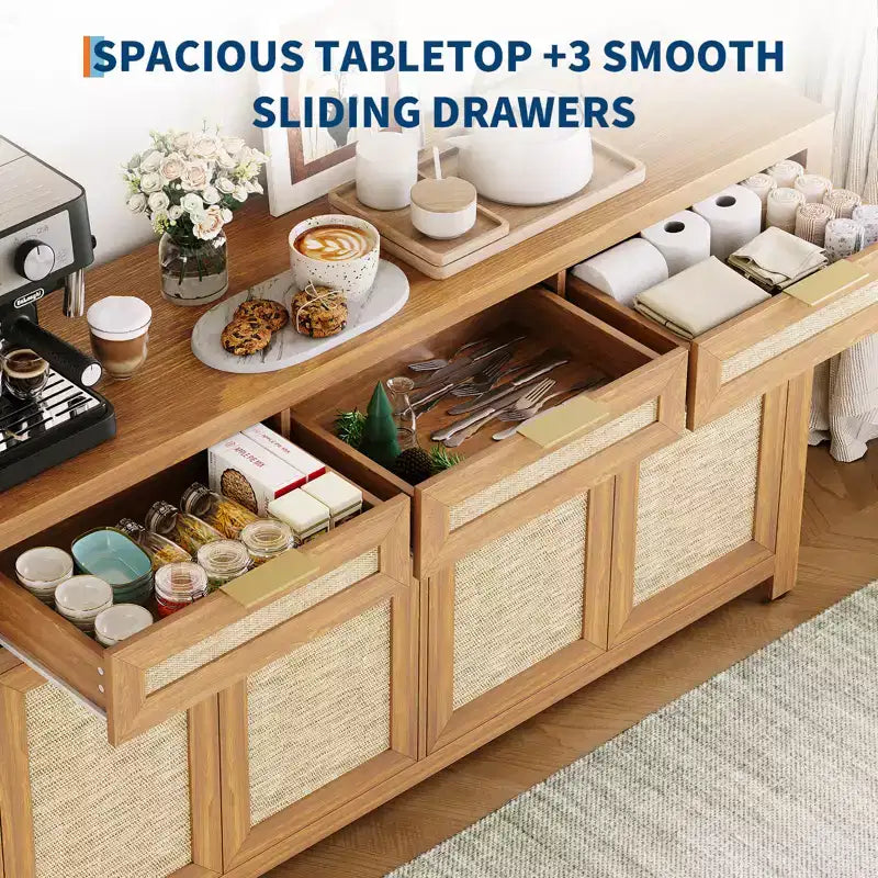 Madia/Credenza a buffet da 160 cm con contenitore, mobile bar in rattan in stile rustico con 3 cassetti, 4 ante, ripiani regolabili per sala da pranzo e cucina