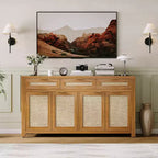 Madia/Credenza a buffet da 160 cm con contenitore, mobile bar in rattan in stile rustico con 3 cassetti, 4 ante, ripiani regolabili per sala da pranzo e cucina