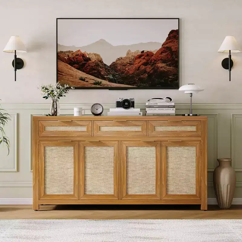 Madia/Credenza a buffet da 160 cm con contenitore, mobile bar in rattan in stile rustico con 3 cassetti, 4 ante, ripiani regolabili per sala da pranzo e cucina