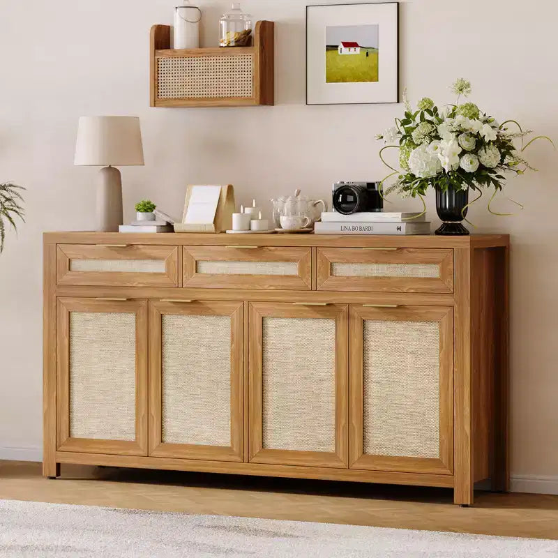 Madia/Credenza a buffet da 160 cm con contenitore, mobile bar in rattan in stile rustico con 3 cassetti, 4 ante, ripiani regolabili per sala da pranzo e cucina