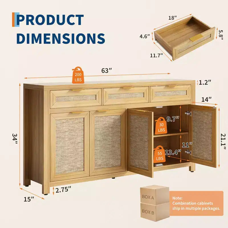 Madia/Credenza a buffet da 160 cm con contenitore, mobile bar in rattan in stile rustico con 3 cassetti, 4 ante, ripiani regolabili per sala da pranzo e cucina