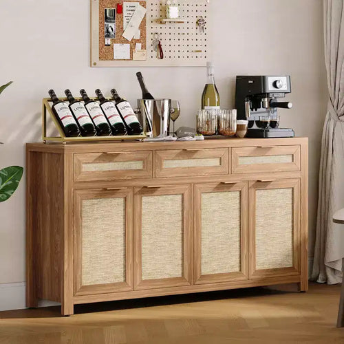 63in Sideboard Buffet Cabinet with Storage, Rattan Farmhouse Credenza Coffee Bar with 3 Drawers 4 Doors Adjustable Shelves for Dining Room Kitchen
