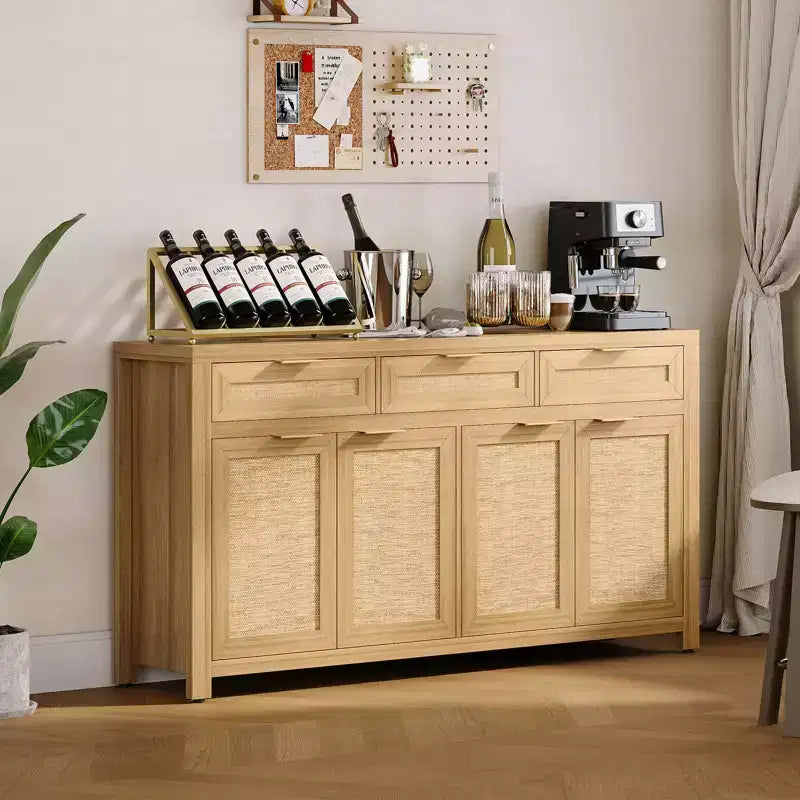 Madia/Credenza a buffet da 160 cm con contenitore, mobile bar in rattan in stile rustico con 3 cassetti, 4 ante, ripiani regolabili per sala da pranzo e cucina