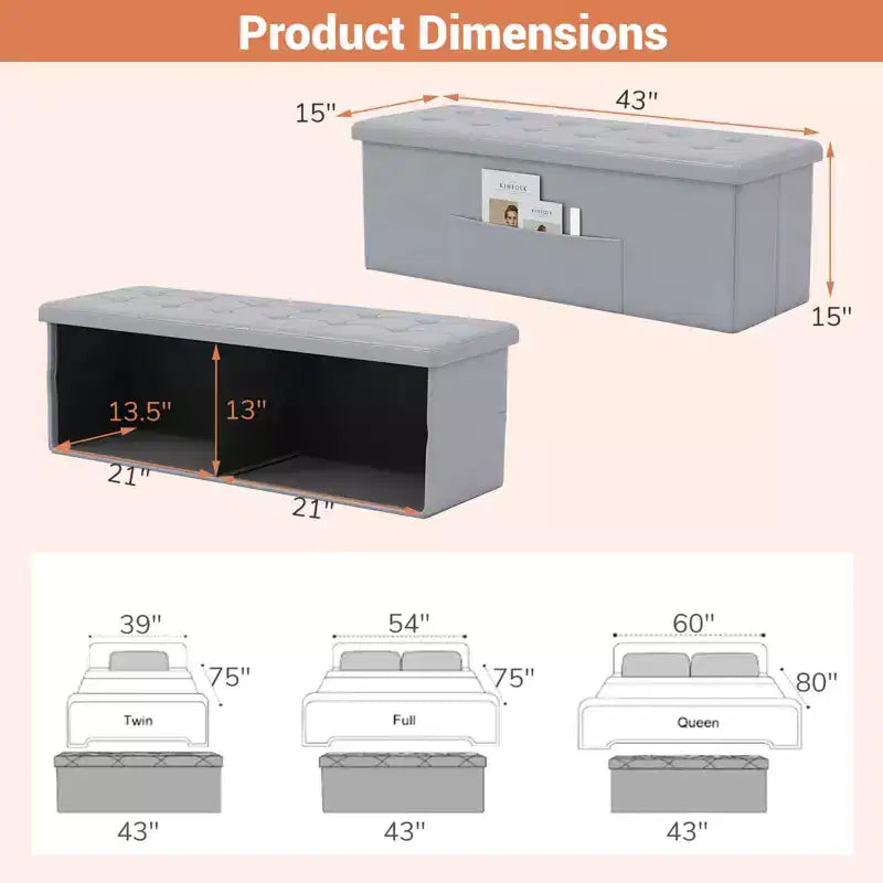 Panca Contenitore Pieghevole Costway 43 pollici con tasca laterale Baule Marrone/Grigio/Grigio Scuro/Nero/Bianco
