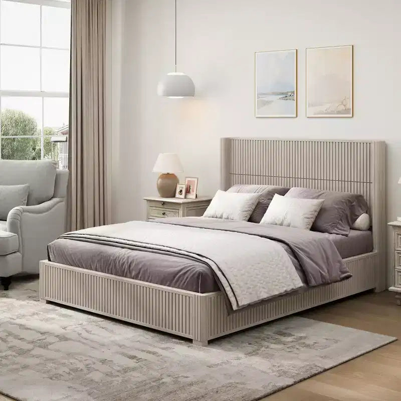 Base letto a piattaforma matrimoniale in legno massello con testiera, nessuna necessità di rete e facile da montare, Beige