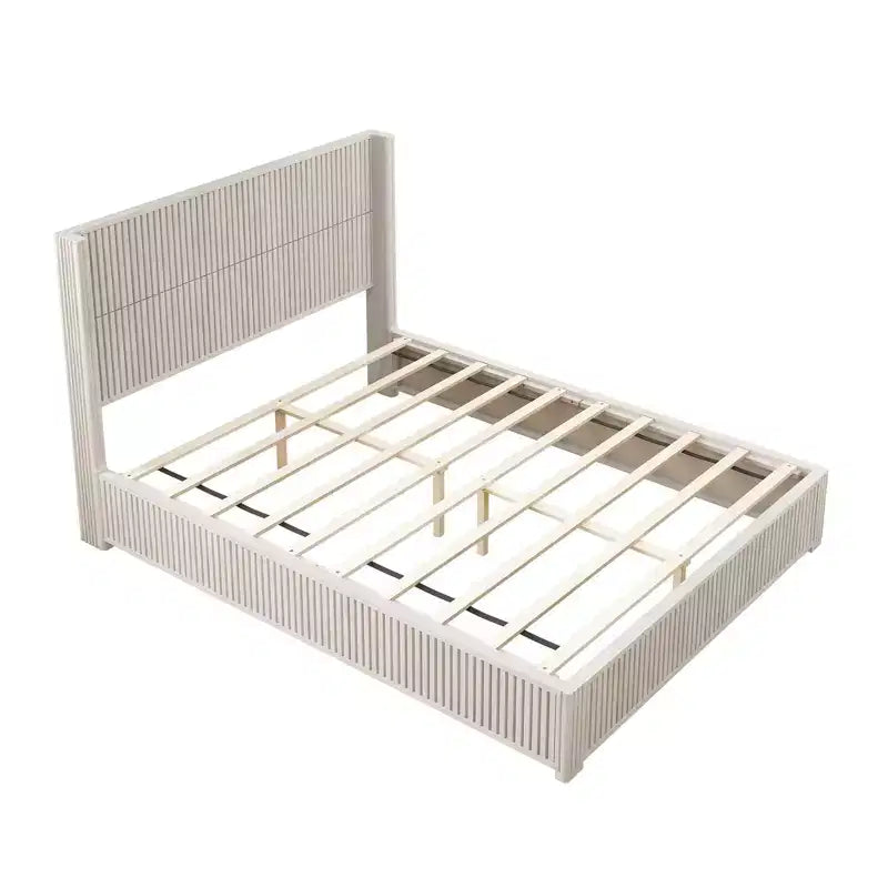 Base letto a piattaforma matrimoniale in legno massello con testiera, nessuna necessità di rete e facile da montare, Beige