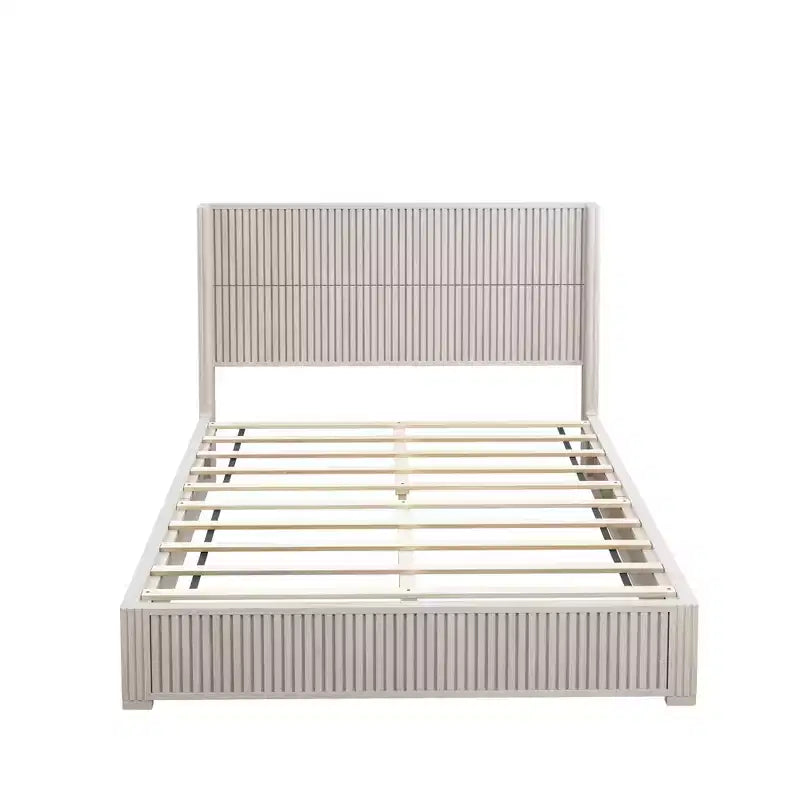 Base letto a piattaforma matrimoniale in legno massello con testiera, nessuna necessità di rete e facile da montare, Beige