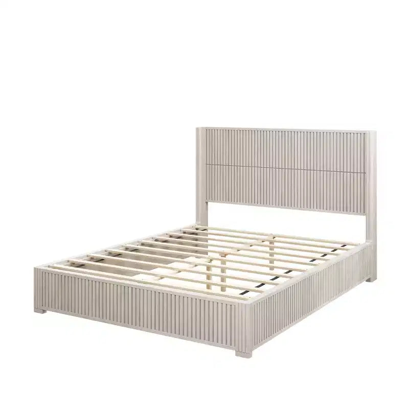 Base letto a piattaforma matrimoniale in legno massello con testiera, nessuna necessità di rete e facile da montare, Beige
