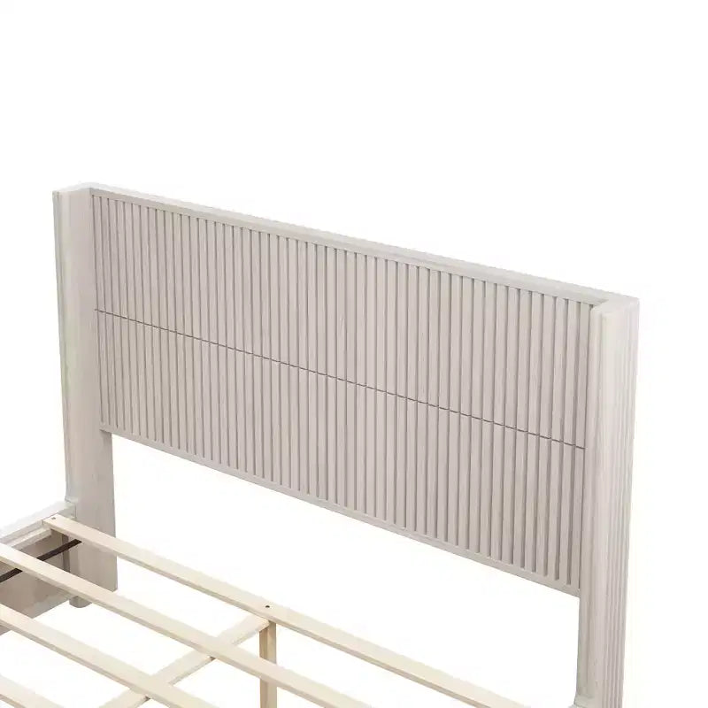 Base letto a piattaforma matrimoniale in legno massello con testiera, nessuna necessità di rete e facile da montare, Beige