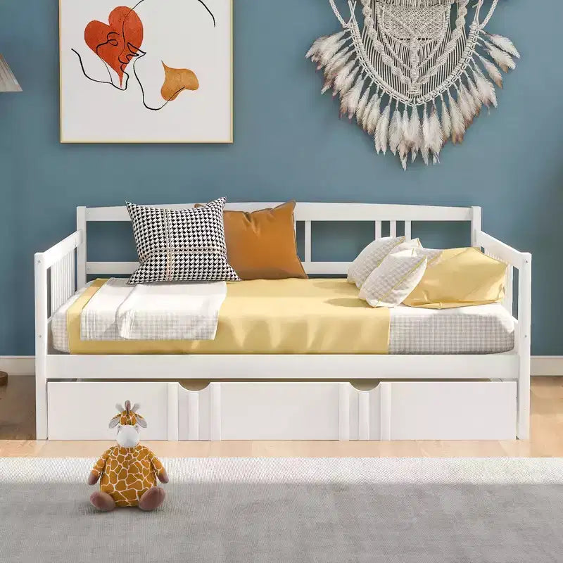 Divano letto in legno massello con letto estraibile singolo, salvaspazio per camera degli ospiti o da letto, bianco