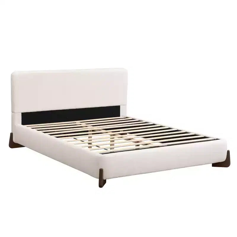 Letto imbottito Queen Size con tessuto in ciniglia, gambe in legno massello e struttura imbottita, bianco