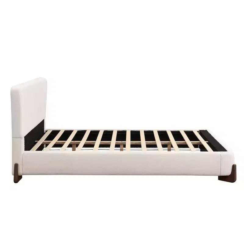 Letto imbottito Queen Size con tessuto in ciniglia, gambe in legno massello e struttura imbottita, bianco