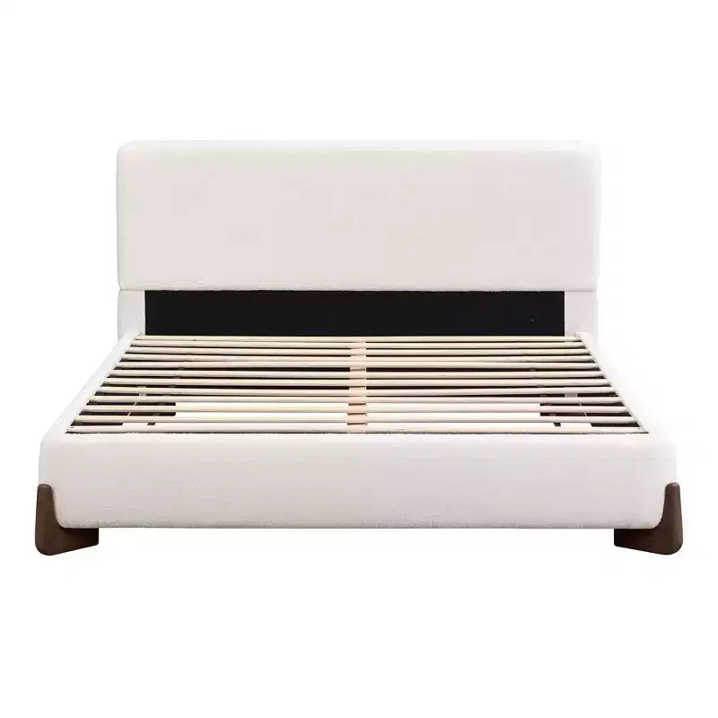 Letto imbottito Queen Size con tessuto in ciniglia, gambe in legno massello e struttura imbottita, bianco