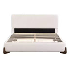 Letto imbottito Queen Size con tessuto in ciniglia, gambe in legno massello e struttura imbottita, bianco