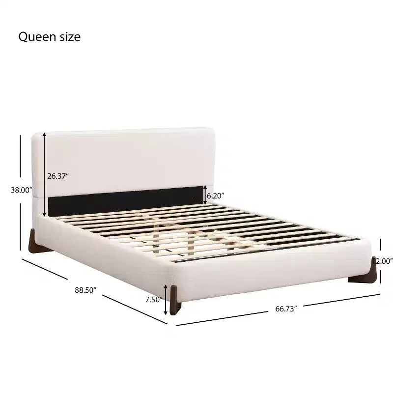 Letto imbottito Queen Size con tessuto in ciniglia, gambe in legno massello e struttura imbottita, bianco