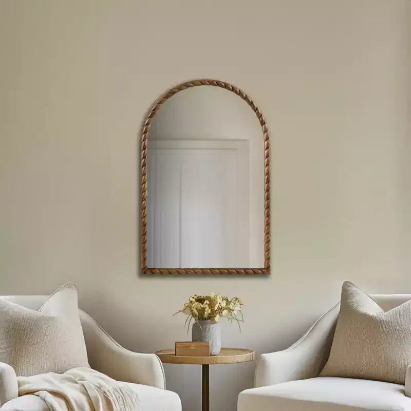 Specchio decorativo da parete ad arco 24 x 36 con cornice in legno di caucciù elegantemente intrecciato, tocco moderno per camera da letto, bagno, soggiorno-Panipeachy