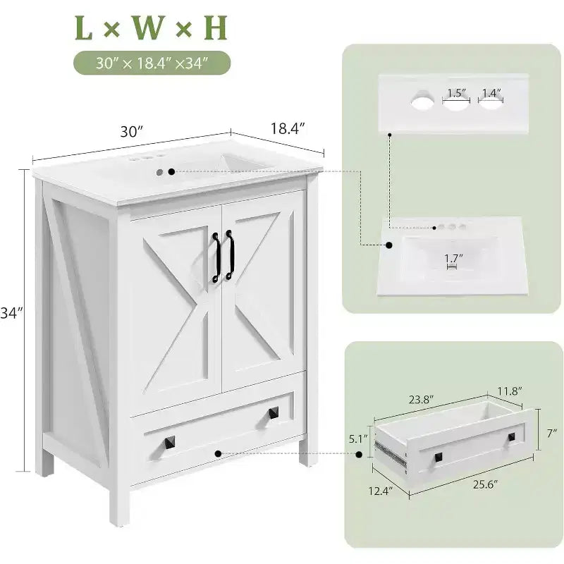 Mobile bagno da 30 pollici con lavabo in ceramica, mobile da bagno in stile rustico autoportante con 2 ante e 1 cassetto