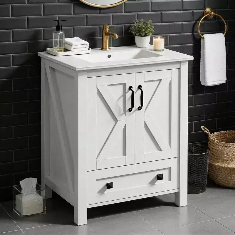 Mobile bagno da 30 pollici con lavabo in ceramica, mobile da bagno in stile rustico autoportante con 2 ante e 1 cassetto