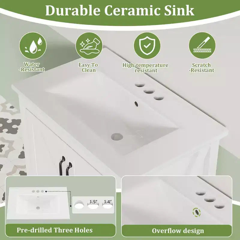 Mobile bagno da 30 pollici con lavabo in ceramica, mobile da bagno in stile rustico autoportante con 2 ante e 1 cassetto