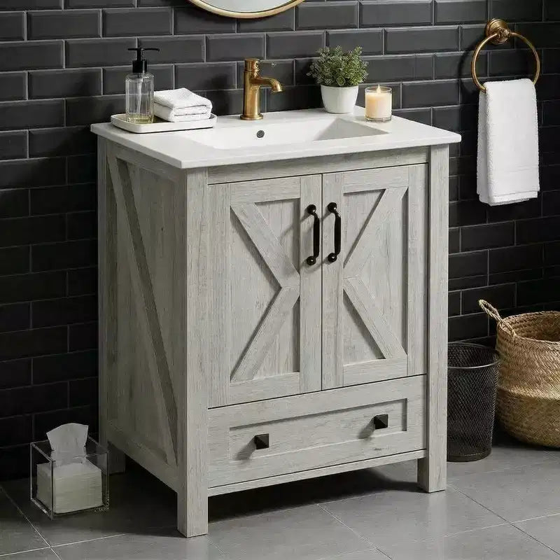 Mobile bagno da 30 pollici con lavabo in ceramica, mobile da bagno in stile rustico autoportante con 2 ante e 1 cassetto