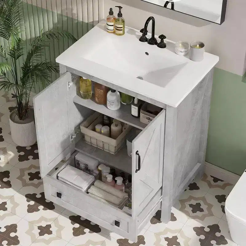 Mobile bagno da 30 pollici con lavabo in ceramica, mobile da bagno in stile rustico autoportante con 2 ante e 1 cassetto