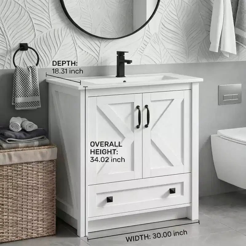 Mobile bagno da 30 pollici con lavabo in ceramica, mobile da bagno in stile rustico autoportante con 2 ante e 1 cassetto