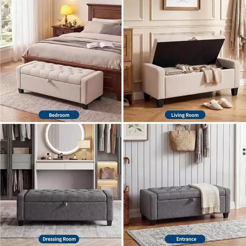 Panca contenitore pouf 50.8 pollici con cerniera di sicurezza a chiusura lenta, panca imbottita capitonné per camera da letto, ingresso, soggiorno, capacità di carico 300 kg