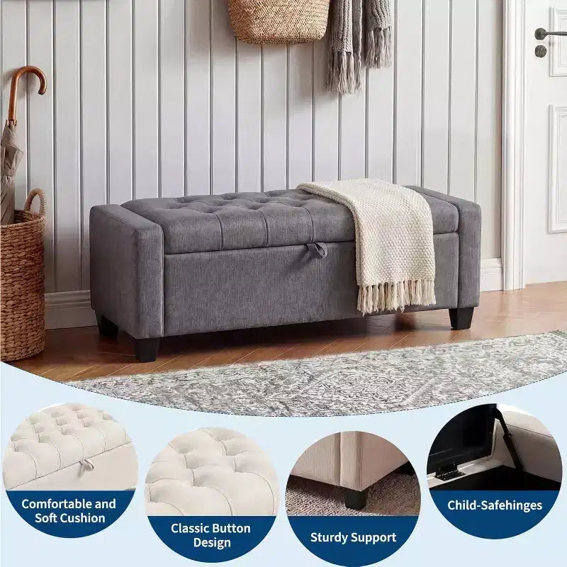 Panca contenitore pouf 50.8 pollici con cerniera di sicurezza a chiusura lenta, panca imbottita capitonné per camera da letto, ingresso, soggiorno, capacità di carico 300 kg