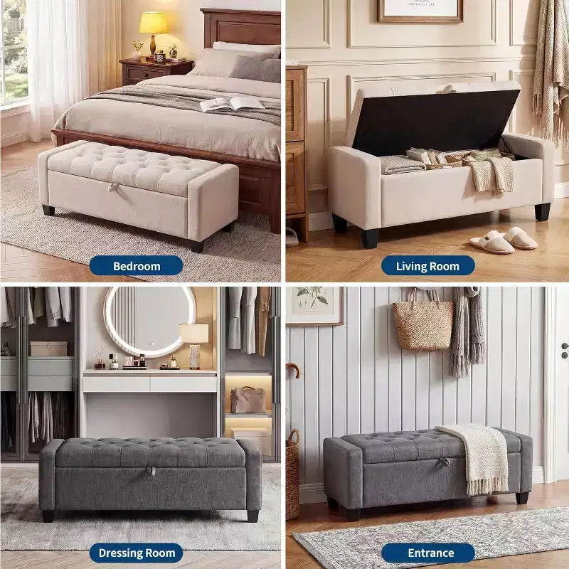 Panca contenitore pouf 50.8 pollici con cerniera di sicurezza a chiusura lenta, panca imbottita capitonné per camera da letto, ingresso, soggiorno, capacità di carico 300 kg