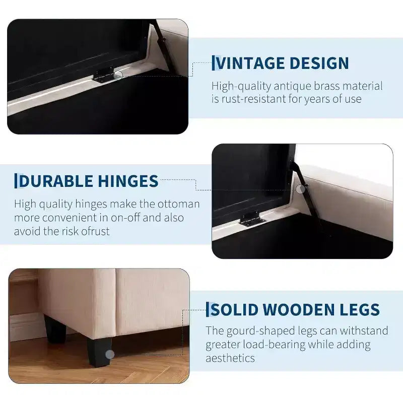 Panca contenitore pouf 50.8 pollici con cerniera di sicurezza a chiusura lenta, panca imbottita capitonné per camera da letto, ingresso, soggiorno, capacità di carico 300 kg