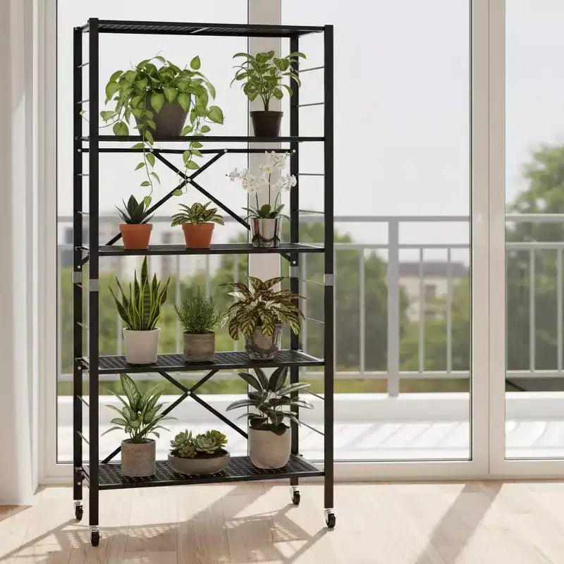 Gymax Scaffale portaoggetti pieghevole a 5 ripiani regolabile 1/2 pz con ruote bloccabili per ufficio a casa, nero