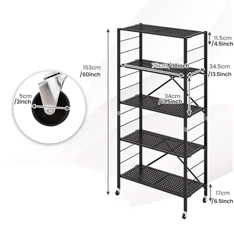 Gymax Scaffale portaoggetti pieghevole a 5 ripiani regolabile 1/2 pz con ruote bloccabili per ufficio a casa, nero