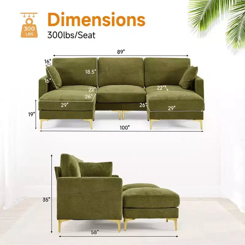 Karl Home | Divano moderno a forma di U in ciniglia con braccioli quadrati da 100 pollici L in grigio con contenitore laterale