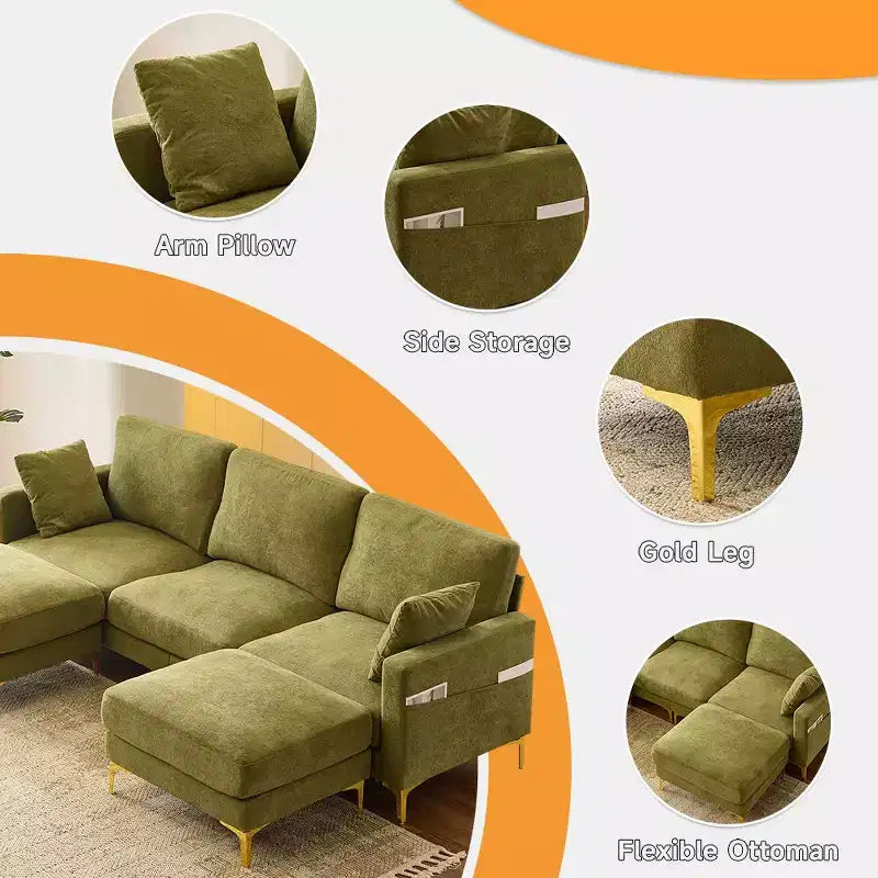 Karl Home | Divano moderno a forma di U in ciniglia con braccioli quadrati da 100 pollici L in grigio con contenitore laterale