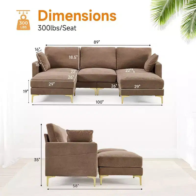 Karl Home | Divano moderno a forma di U in ciniglia con braccioli quadrati da 100 pollici L in grigio con contenitore laterale
