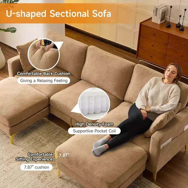 Karl Home | Divano moderno a forma di U in ciniglia con braccioli quadrati da 100 pollici L in grigio con contenitore laterale