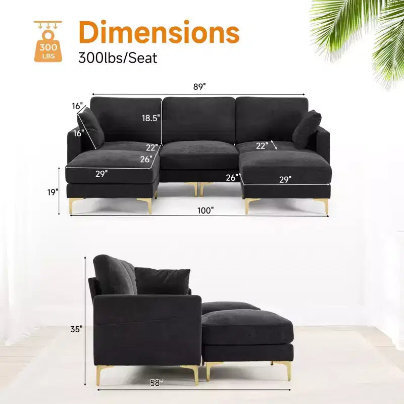 Karl Home | Divano moderno a forma di U in ciniglia con braccioli quadrati da 100 pollici L in grigio con contenitore laterale